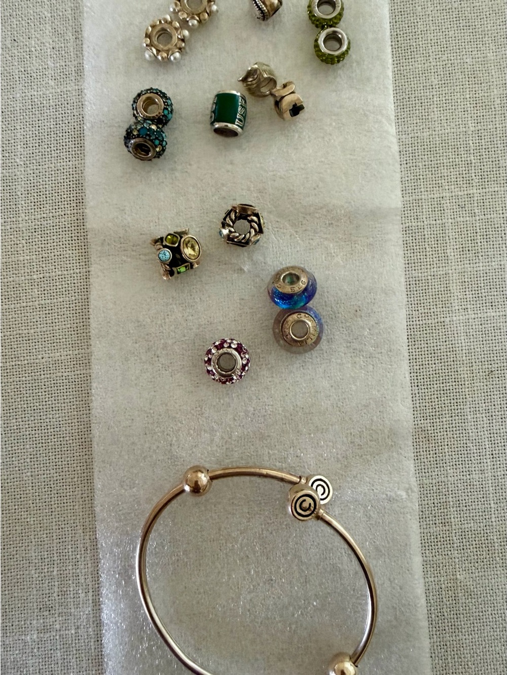 Chamilia Charm Bangle with 15 charms- baseball, Hershey kiss, murano, pave